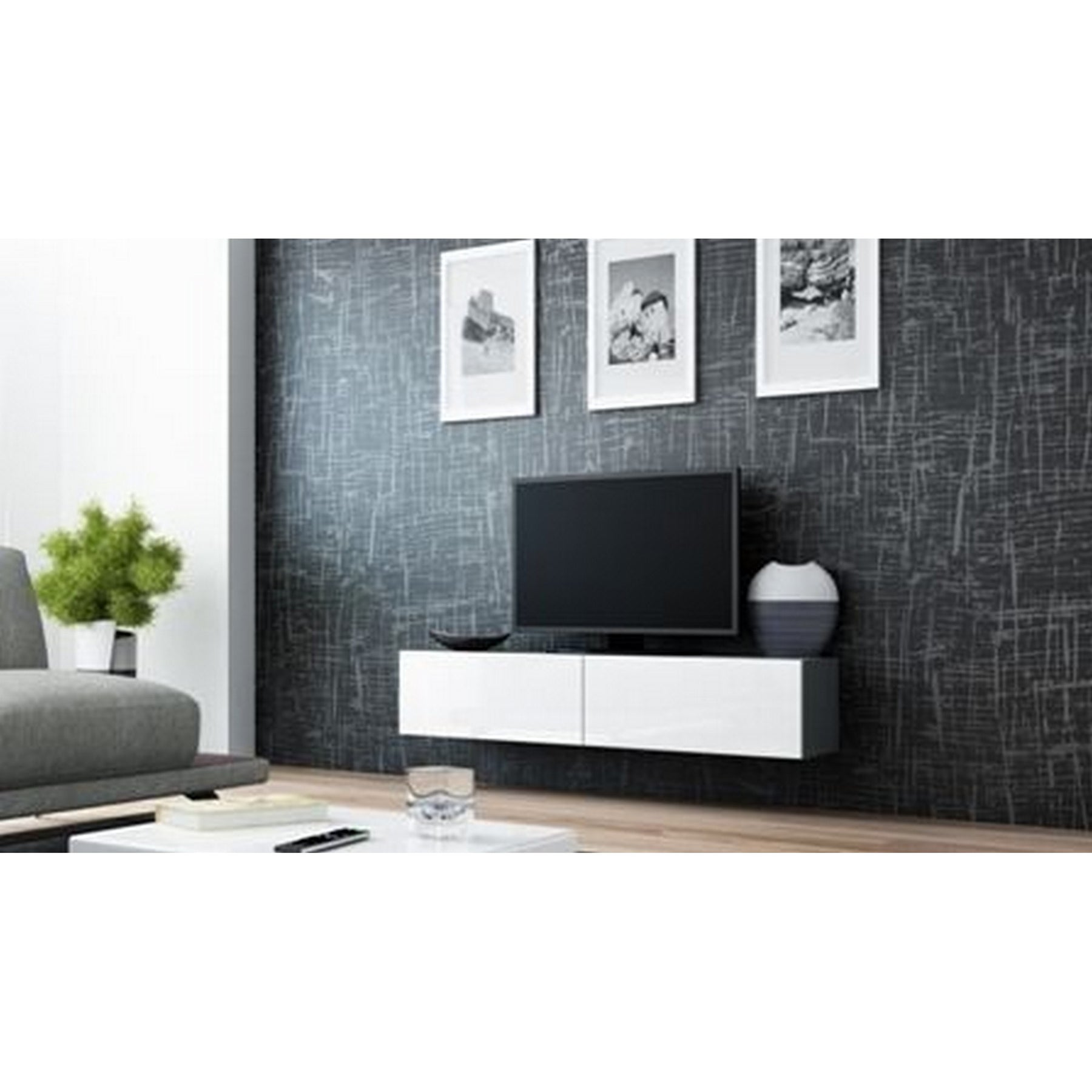 Comoda TV cu 2 usi suspendata Vigo, gri/alb lucios, 140x40x30 cm