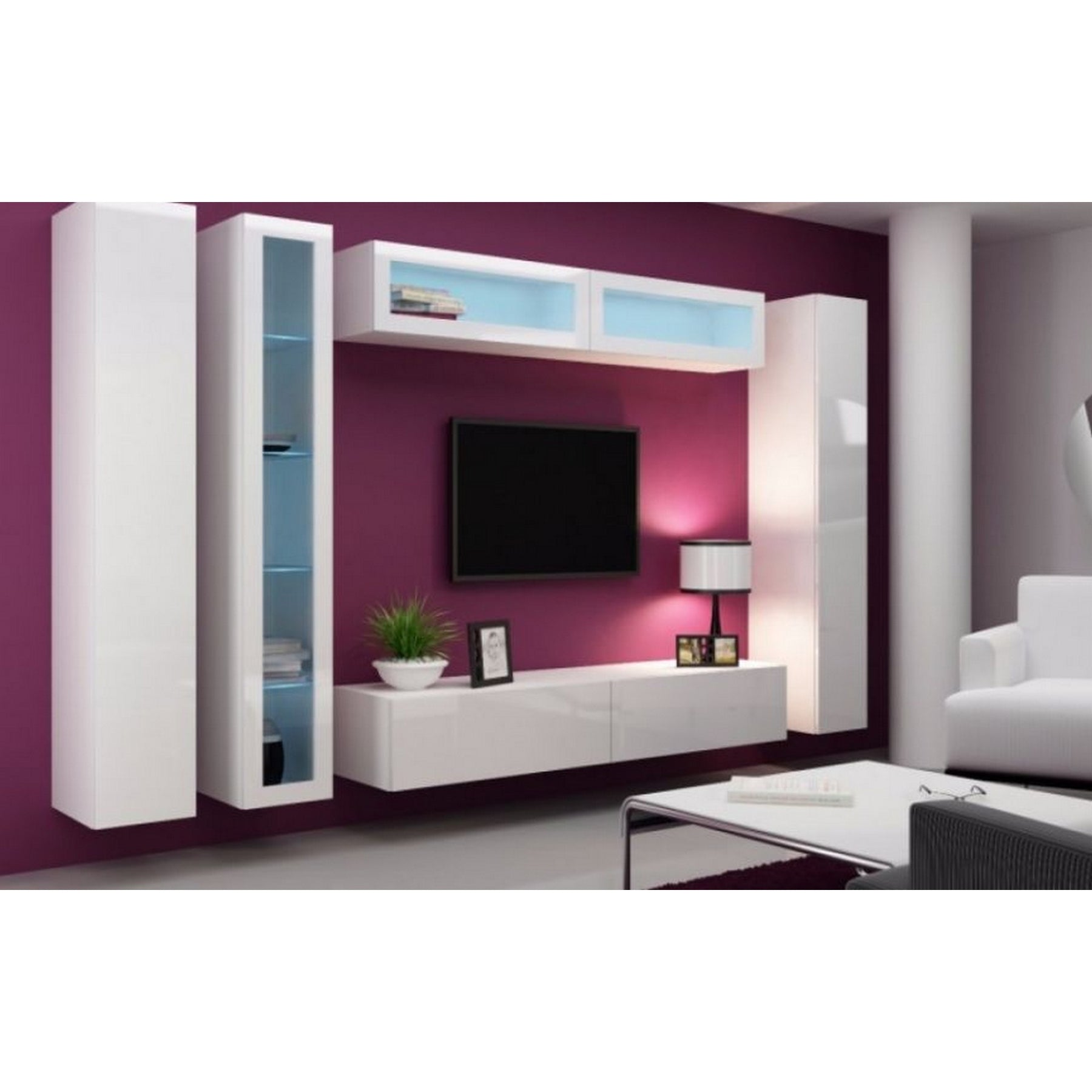 Vitrina living moderna suspendata alba/alb lucios, Vigo 180