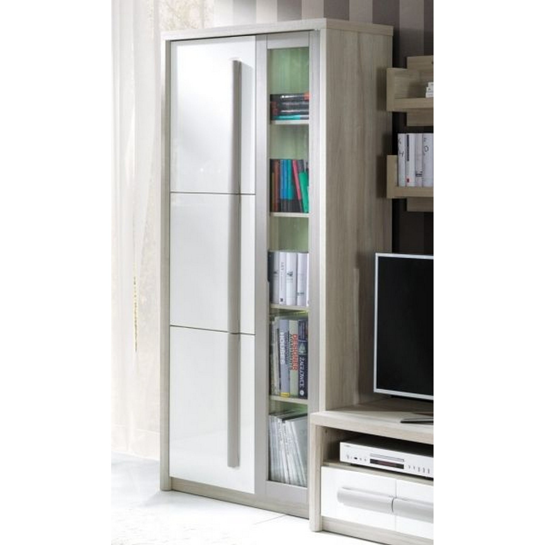 Vitrina ROMA 2, stejar/alb/gri, PAL/sticla, 90X43X194 CM