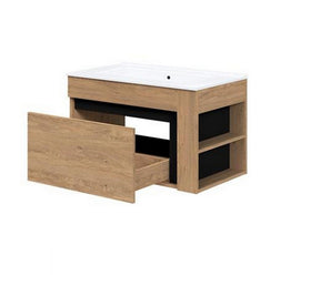 Dulap baie suspendat DUESA, stejar auriu/negru, PAL laminat, cu un sertar, pentru lavoar, 80x45x47 cm