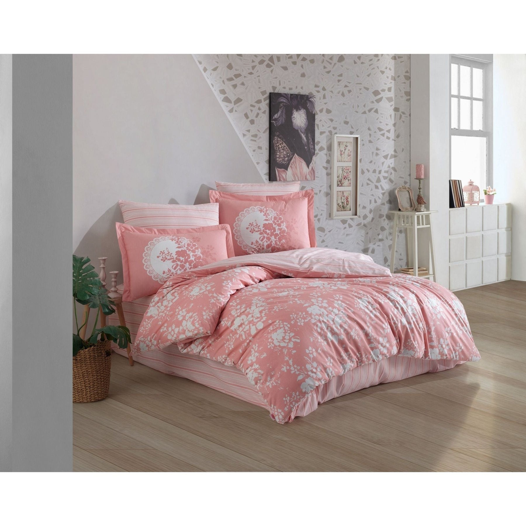 Set lenjerie de pat Flora, roz/alb, bumbac 100%, 4 piese, 240x260 cm