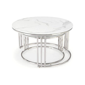 Set 2 masute de cafea MERCURY 2, alb/argintiu, sticla/otel, 80/45x60/38 cm