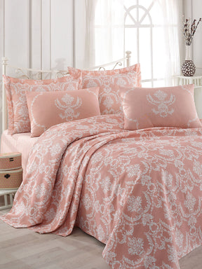 Set cuvertura pat dublu PURE, roz, bumbac, 200x235 cm, cu cearsaf si 2 fete de perna