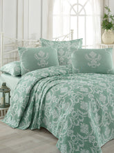 Set cuvertura pat dublu PURE, verde, bumbac, 200x235 cm, cu 2 fete de perna