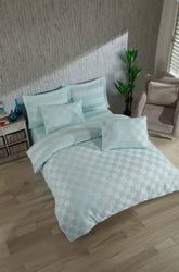 Set lenjerie pat KARELI SATEN, verde menta, bumbac/poliester, 200x220 cm, cu cearceaf pilota si 2 fete de perna
