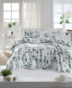 Set cuvertura pat SABINE, alb/verde, bumbac, 160x235 cm, cu cearsaf si fata de perna