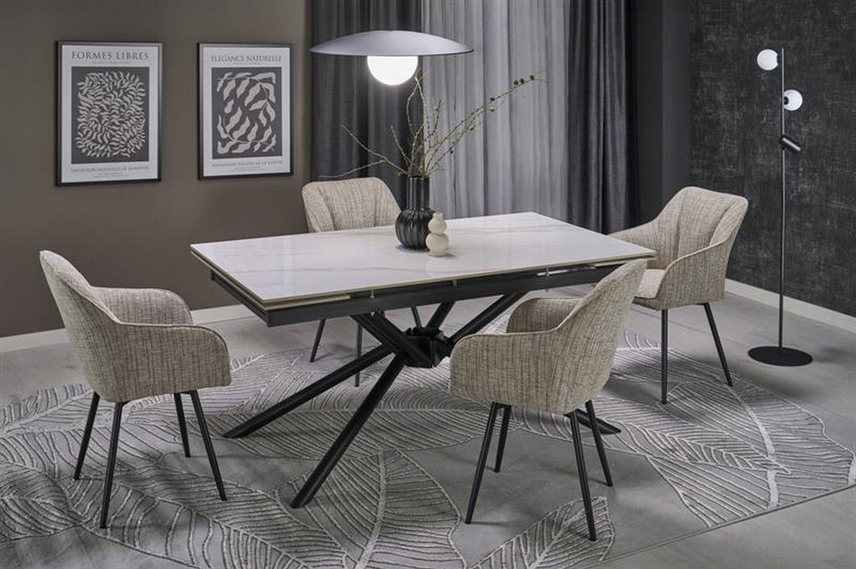 Masa extensibila VITORINO, alb cu efect de marmura/negru, piatra sinterizata/otel, 160/220x90x75 cm