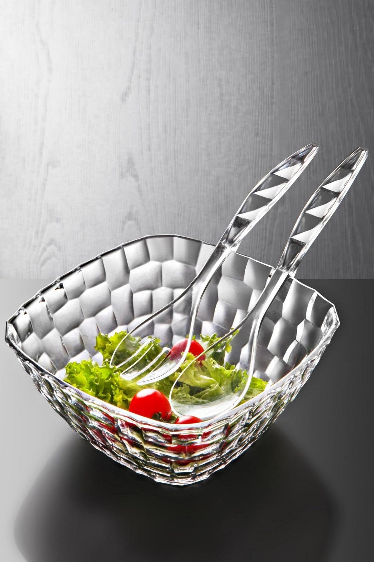 Bol C-DD-13, transparent, acril, cu lingura si furculita, 24x11 cm