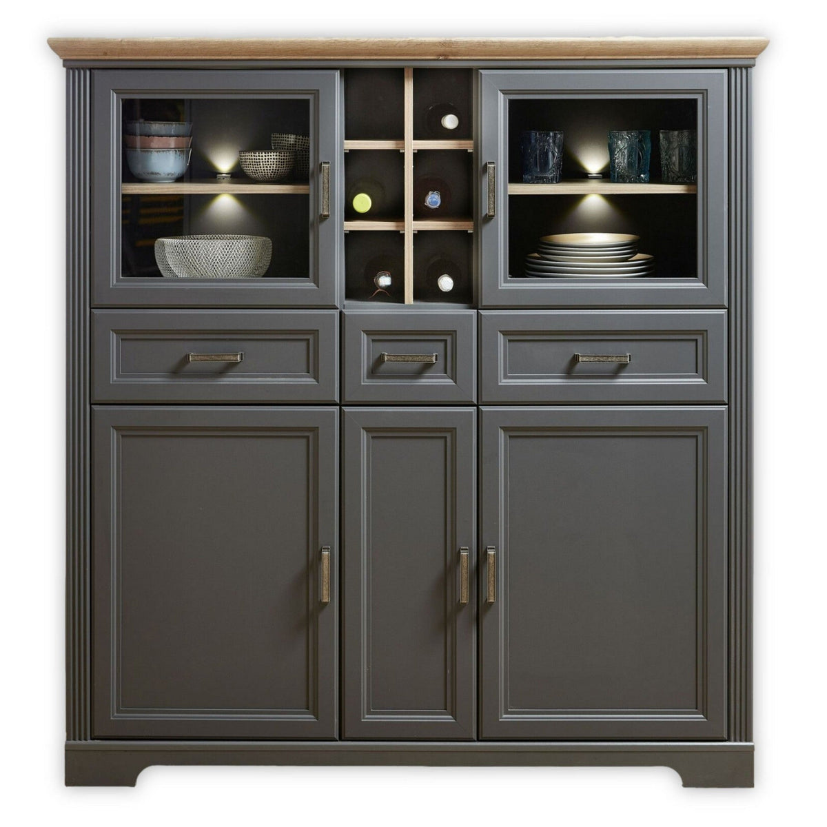 Vitrina JASMIN, gri grafit/stejar artisan, PAL/sticla, cu iluminare LED, 143x42x150 cm