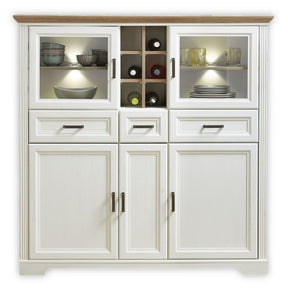 Vitrina JASMIN, alb/stejar artisan, PAL/sticla, cu iluminare LED, 143x42x150 cm