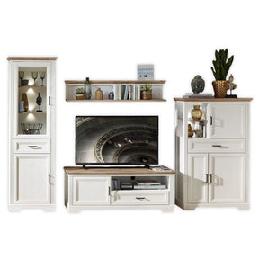 Set living JASMIN, alb/stejar artisan, format din 2 comode, vitrina si o polita