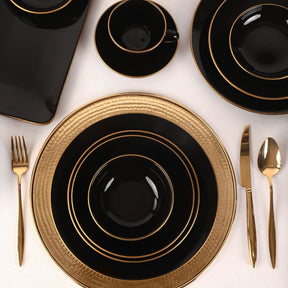 Set cina 275KRM1663, 44 piese, negru cu insertii aurii, 100% gresie ceramica
