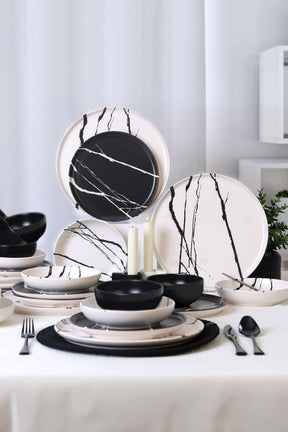 Set de cina 275KRM2337, 24 piese, alb/negru, ceramica