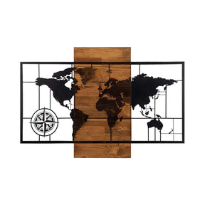 Accesoriu decorativ World Map Wıth Compass, negru/nuc, lemn/metal, 85x58 cm