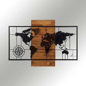 Accesoriu decorativ World Map Wıth Compass, negru/nuc, lemn/metal, 85x58 cm