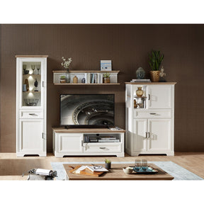 Set living JASMIN, alb/stejar artisan, format din 2 comode, vitrina si o polita
