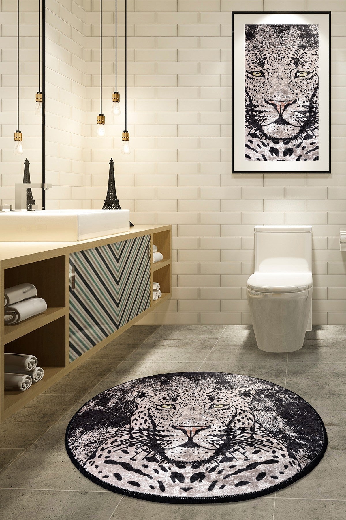 Covoras baie TIGER DJT, 100x100 cm, forma rotunda, poliester, multicolor