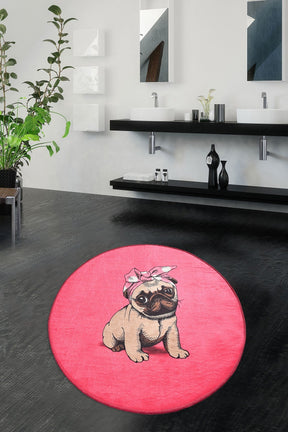 Covoras baie PINK PUG DJT, 100x100 cm, forma rotunda, poliester, roz