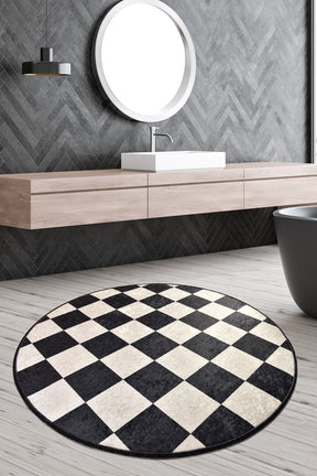 Covoras baie DAMA, 100x100 cm, forma rotunda, poliester, alb/negru