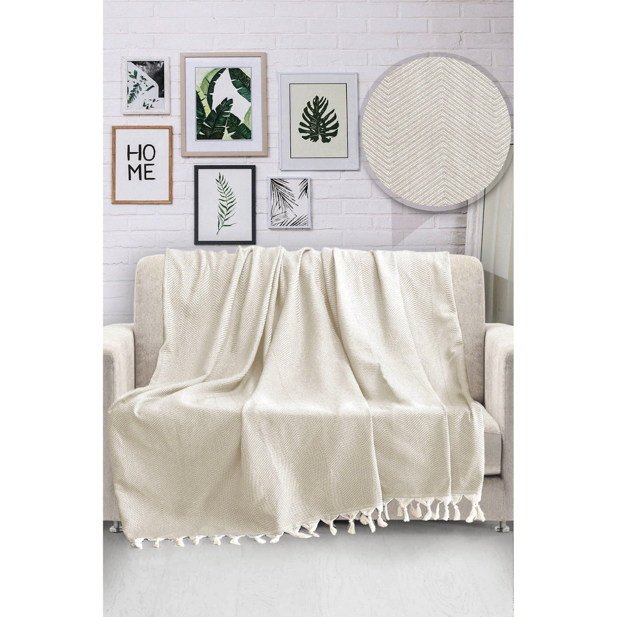 Patura cu franjuri HN, 100% bumbac, ecru, 170x230 cm