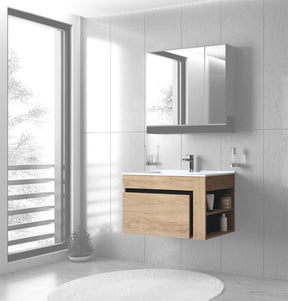 Dulap baie suspendat DUESA, stejar auriu/negru, PAL laminat, cu un sertar, pentru lavoar, 80x45x47 cm