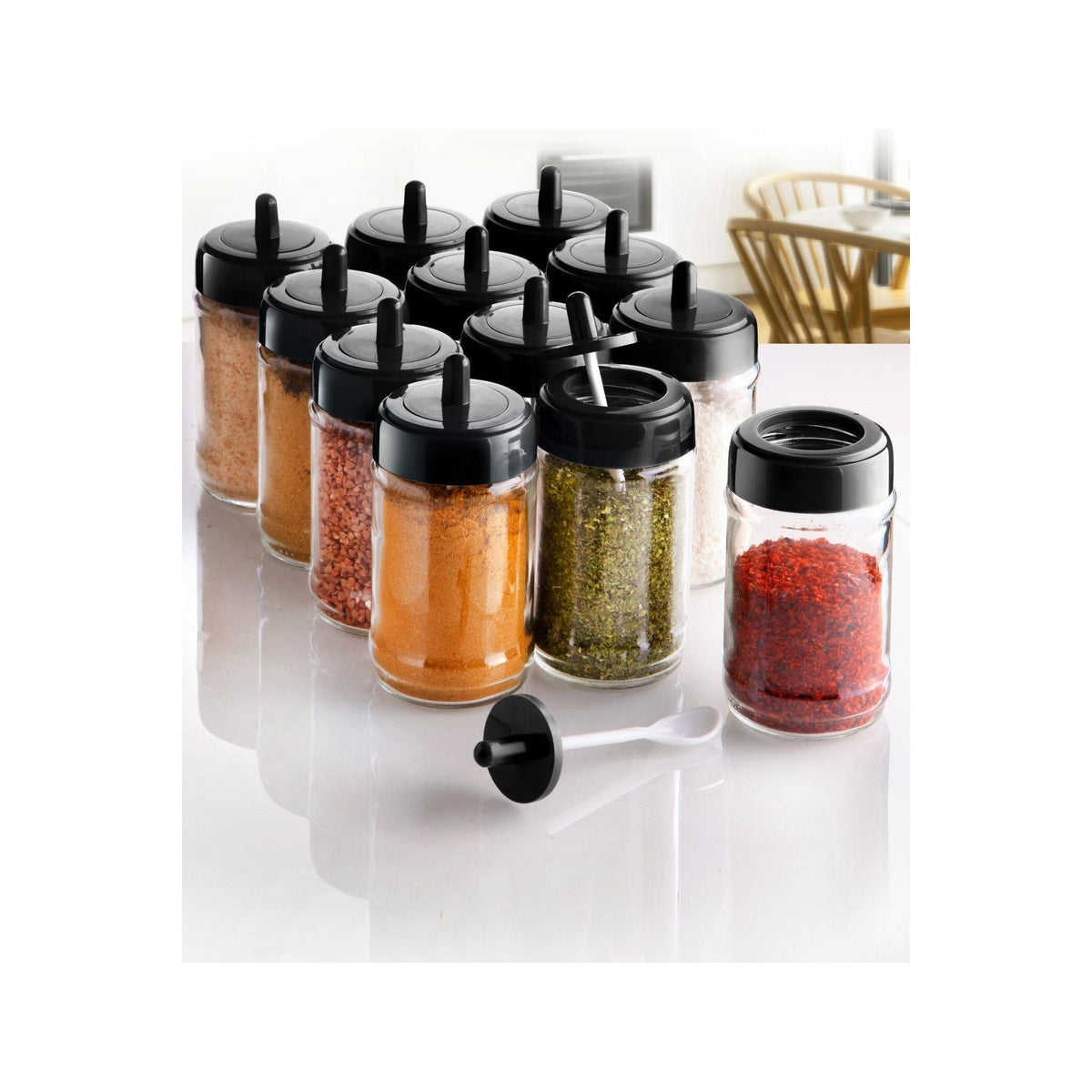 Set 12 recipiente pentru condimente 430KSV1468, negru, sticla 100%, 300 ml