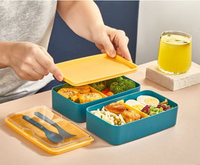 Set 2 cutii pranz EM-1003-S, albastru/galben, plastic, 19x11x5 cm