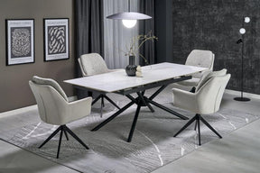 Masa extensibila VITORINO, alb cu efect de marmura/negru, piatra sinterizata/otel, 160/220x90x75 cm