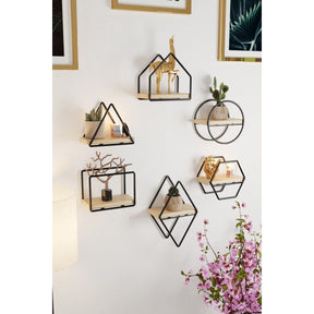 Rafturi de perete Minyatur, lemn/metal, negru/auriu, 15x10x17 cm