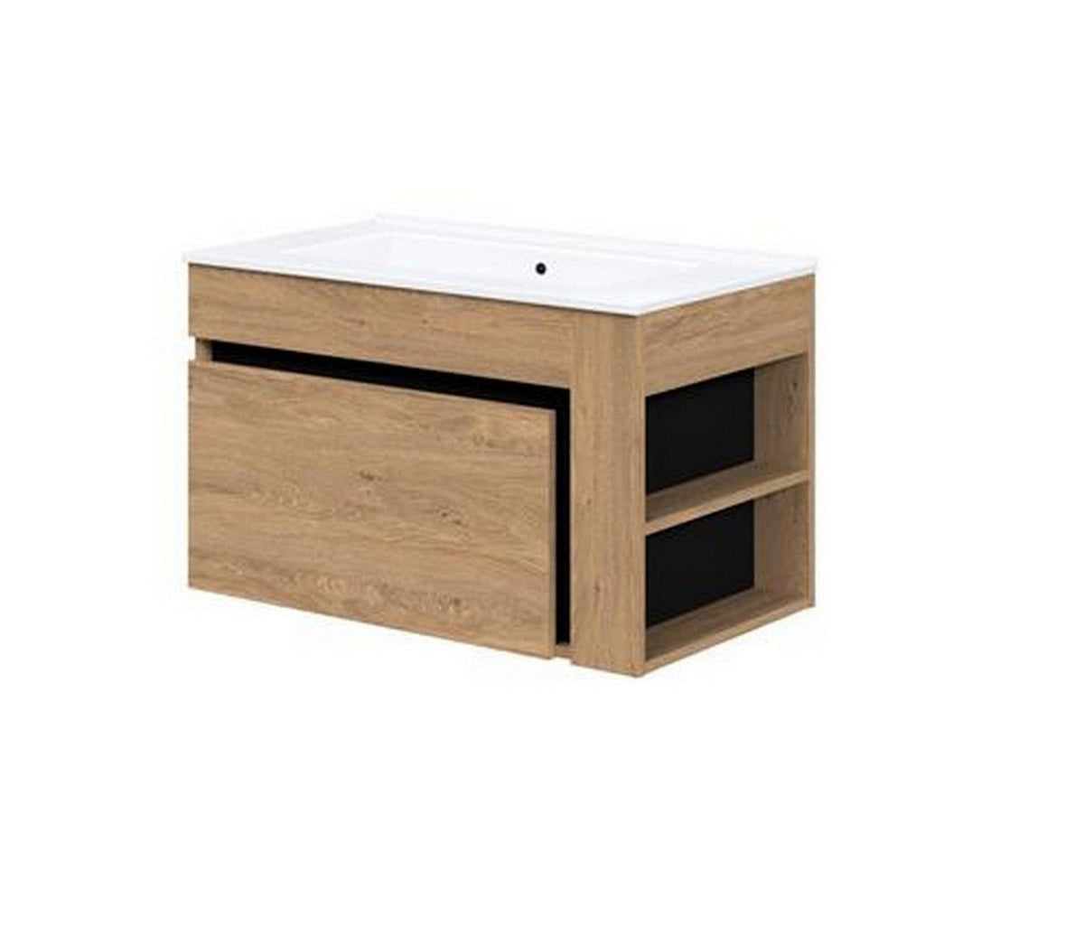 Dulap baie suspendat DUESA, stejar auriu/negru, PAL laminat, cu un sertar, pentru lavoar, 80x45x47 cm