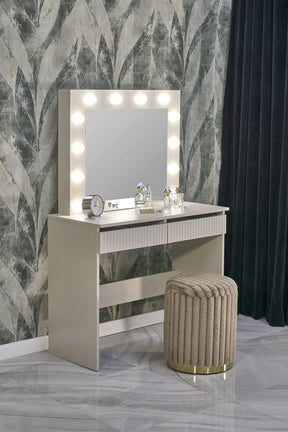 Masa de toaleta HOLLYWOOD 2, casmir, PAL laminat, cu oglinda si iluminare LED, 94x43x140 cm