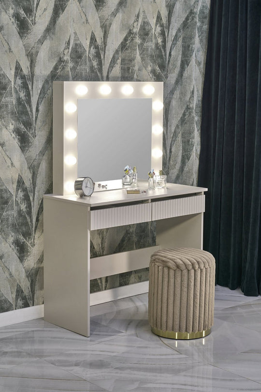 Masa de toaleta HOLLYWOOD 2, casmir, PAL laminat, cu oglinda si iluminare LED, 94x43x140 cm
