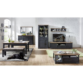 Vitrina JASMIN, gri grafit/stejar artisan, PAL/sticla, cu iluminare LED, 93x42x204 cm