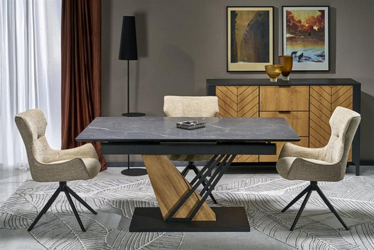 Masa extensibila VOLANT, negru cu efect de marmura/stejar auriu, piatra sinterizata/otel, 140/180x90x76 cm