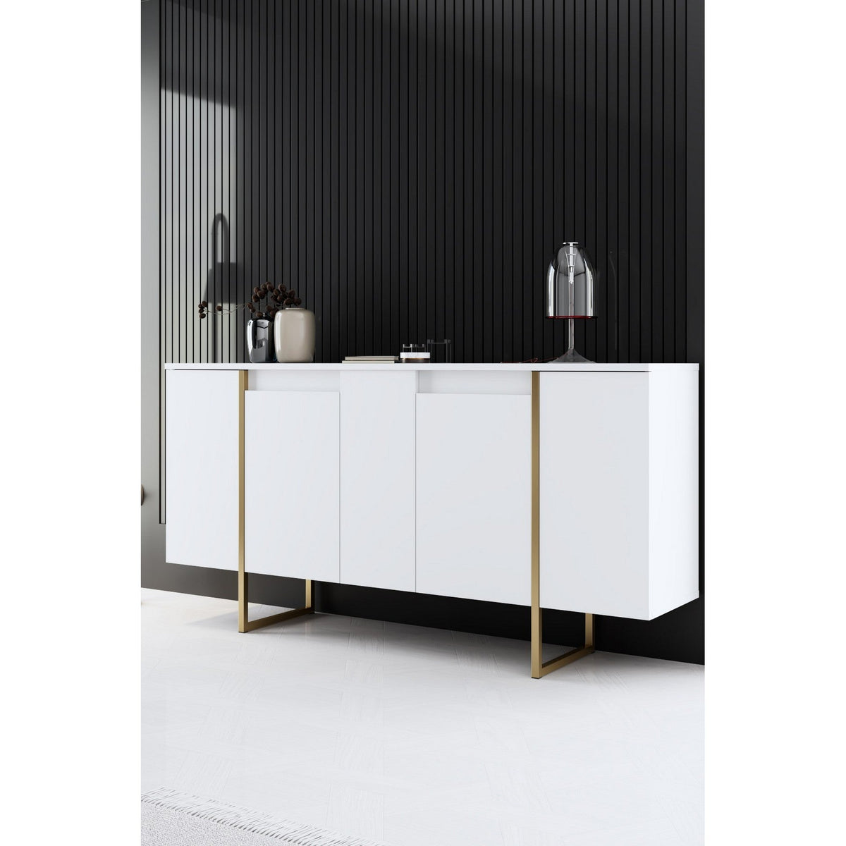 Comoda alba ingusta LUXE, PAL melaminat/metal, 160x35x80 cm