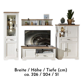 Set living JASMIN, alb/stejar artisan, format din 2 comode, vitrina si o polita