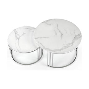 Set 2 masute de cafea MERCURY 2, alb/argintiu, sticla/otel, 80/45x60/38 cm
