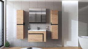 Dulap baie suspendat DUESA, stejar auriu/negru, PAL laminat, cu o usa si oglinda, 80x15x72 cm