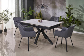 Masa extensibila PLATAN, alb cu efect de marmura/negru, piatra sinterizata/otel, 140/180x85x76 cm