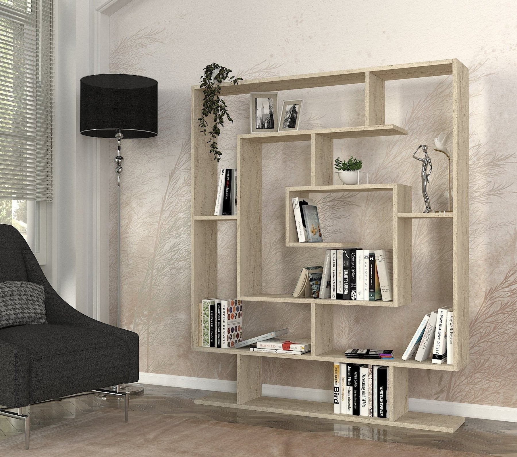 Biblioteca SARMASIK, PAL melaminat, efect de piatră travertin, 125×22×150 cm