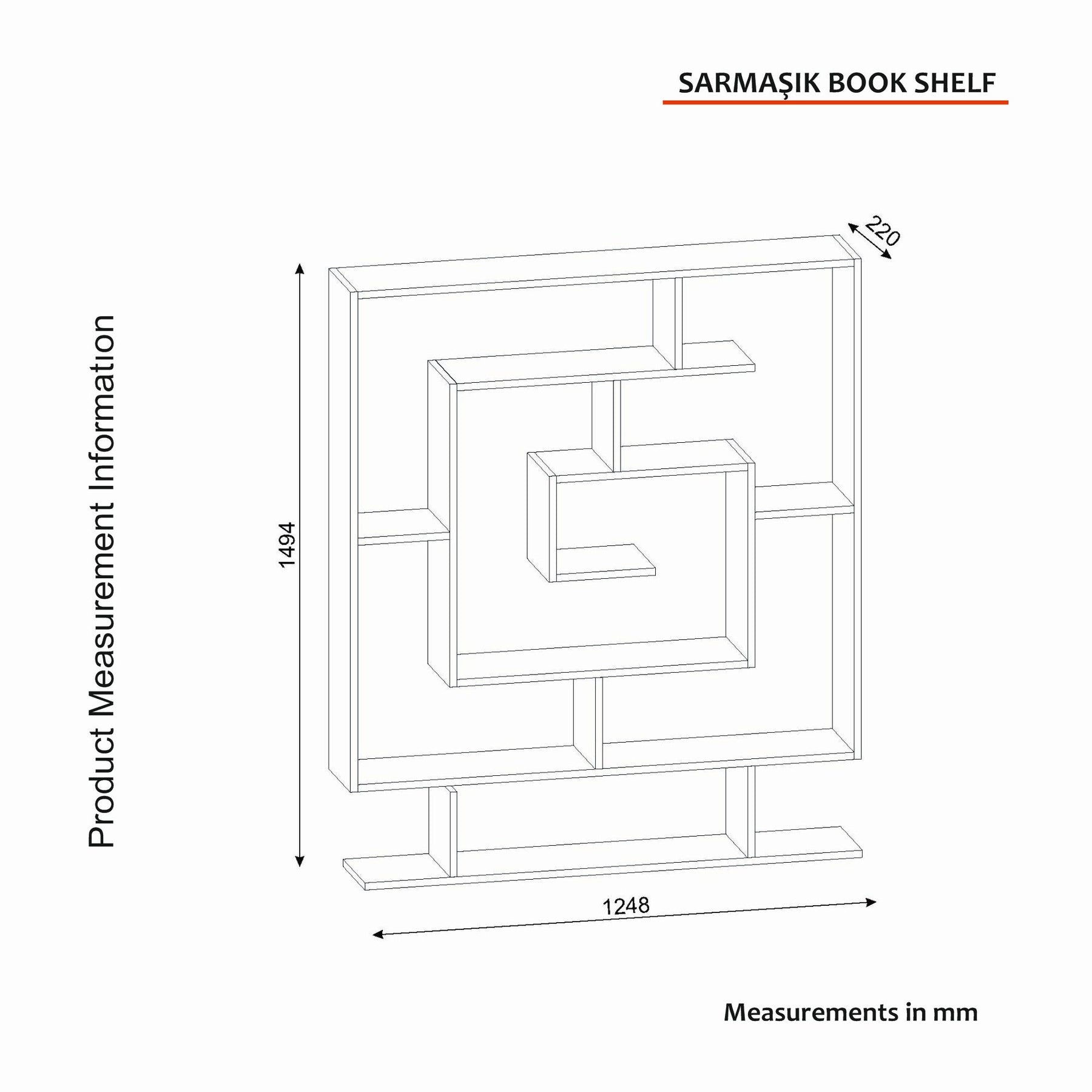 Biblioteca SARMASIK, PAL melaminat, efect de piatră travertin, 125×22×150 cm