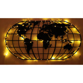 Decoratiune perete World Map Globe, harta lumii cu iluminare led, metal negru, 60x120 cm