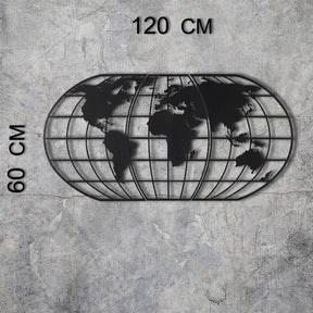 Decoratiune perete World Map Globe, harta lumii cu iluminare led, metal negru, 60x120 cm
