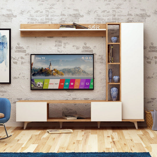 Mobilier living RAMBUTY, format din comoda TV, dulap si polita, alb/stejar, PAL melaminat