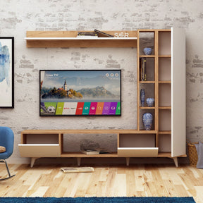 Mobilier living RAMBUTY, format din comoda TV, dulap si polita, alb/stejar, PAL melaminat
