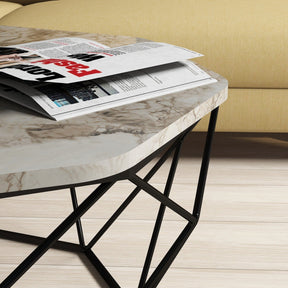 Masuta cafea DIAMOND, alb cu efect de marmura/negru, PAL melaminat/metal, 90x90x38 cm