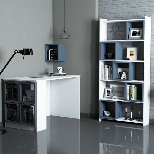 Set mobilier birou BOX, alb/albastru, PAL melaminat, 3 piese