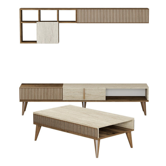 Set living MILAN, maro/bej cu efect de marmura, PAL melaminat, cu masuta, comoda si raft