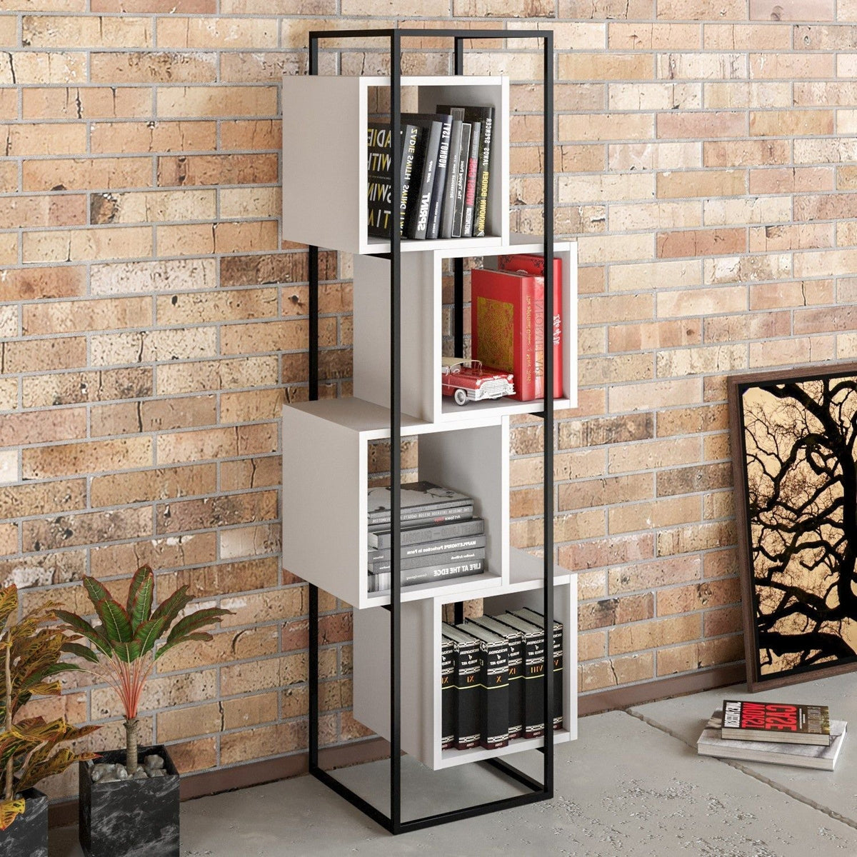 Biblioteca RADA, alb/negru, PAL melaminat/metal, 52x160x38 cm