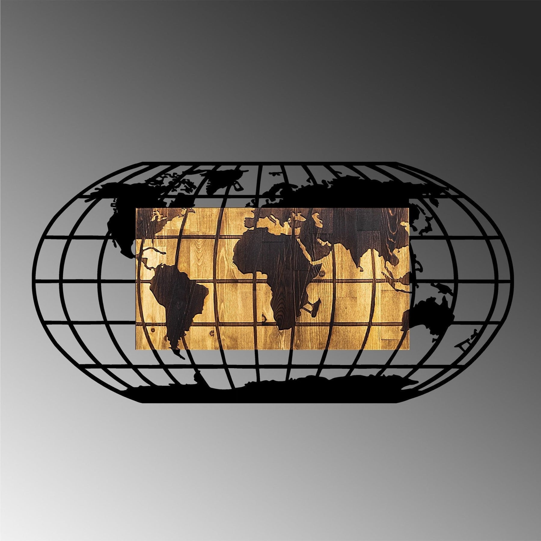 Accesoriu decorativ World Map 2, negru/nuc, metal, 102x50x3 cm